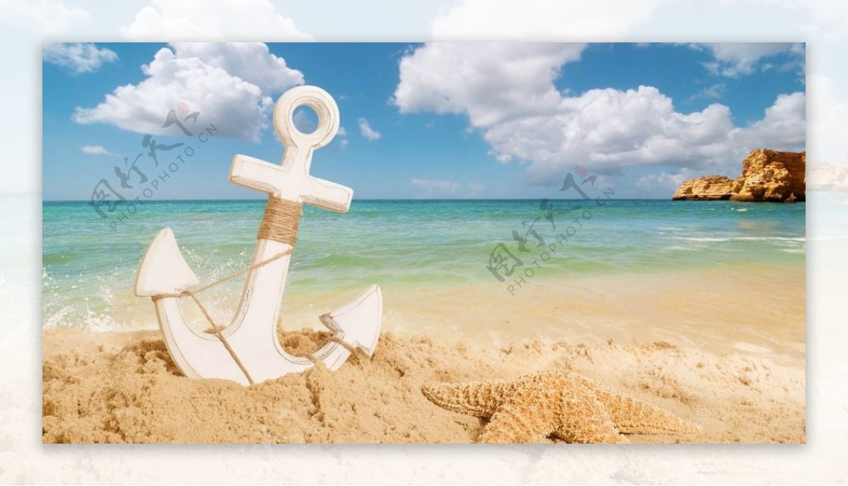 白色船锚沙滩大海图片