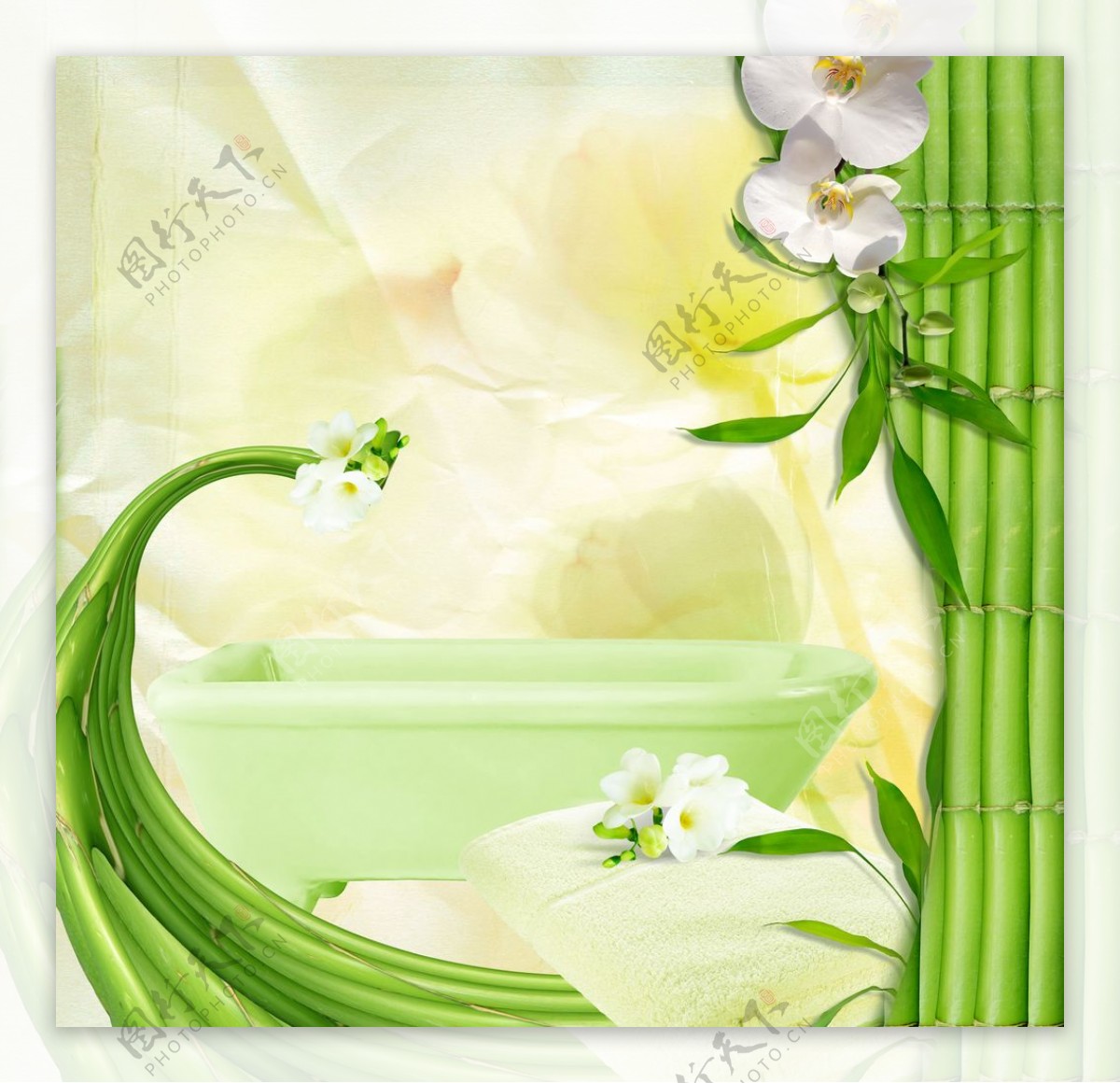 富贵竹花朵浴巾浴盆相框背景设计图片