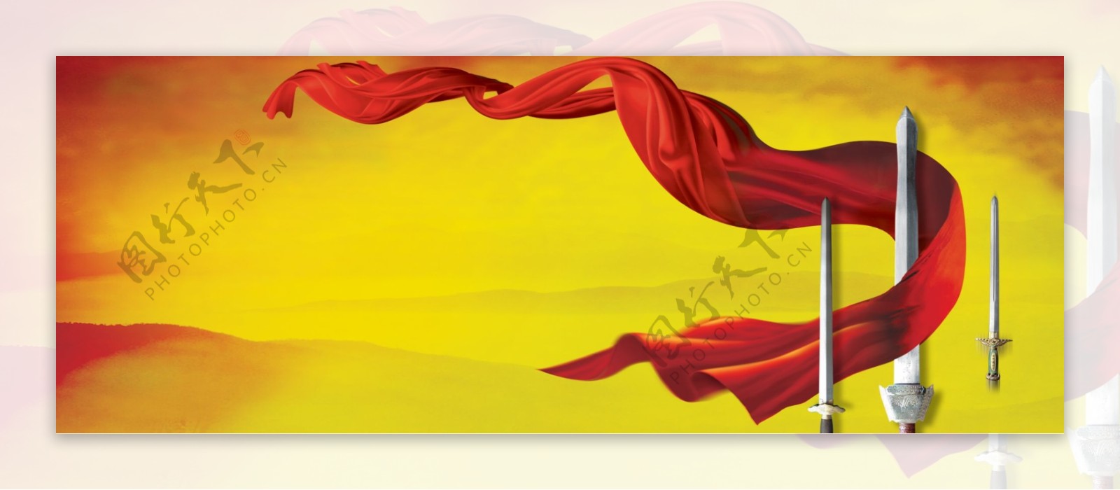 山脉红绸丝带背景图片