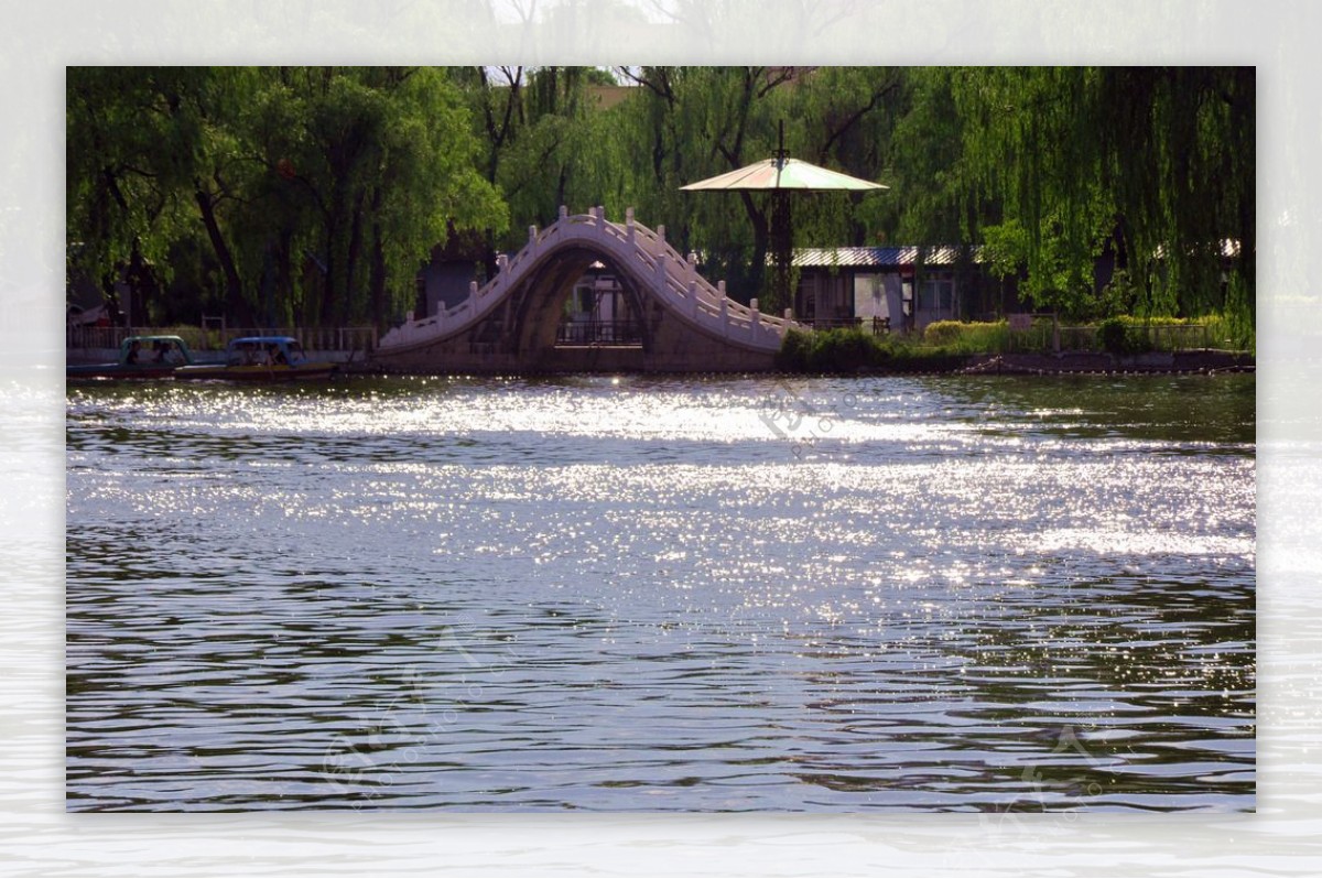 公园小桥湖水波光图片