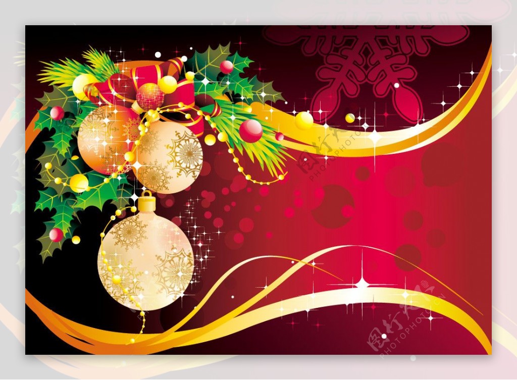 金色动感线条圣诞背景蝴蝶结绿叶雪花图片