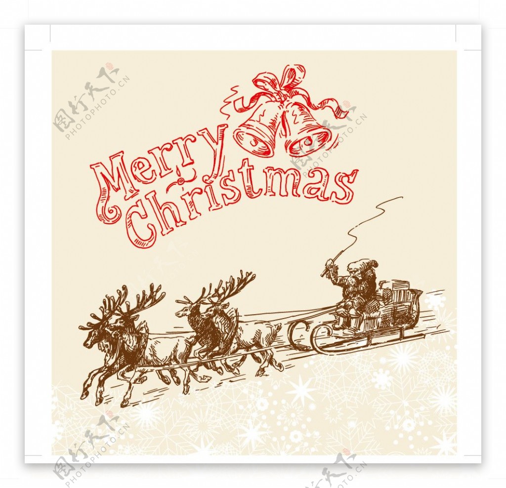 手绘古典圣诞背景圣诞贺卡梅花鹿拖着雪橇的圣诞老人图片