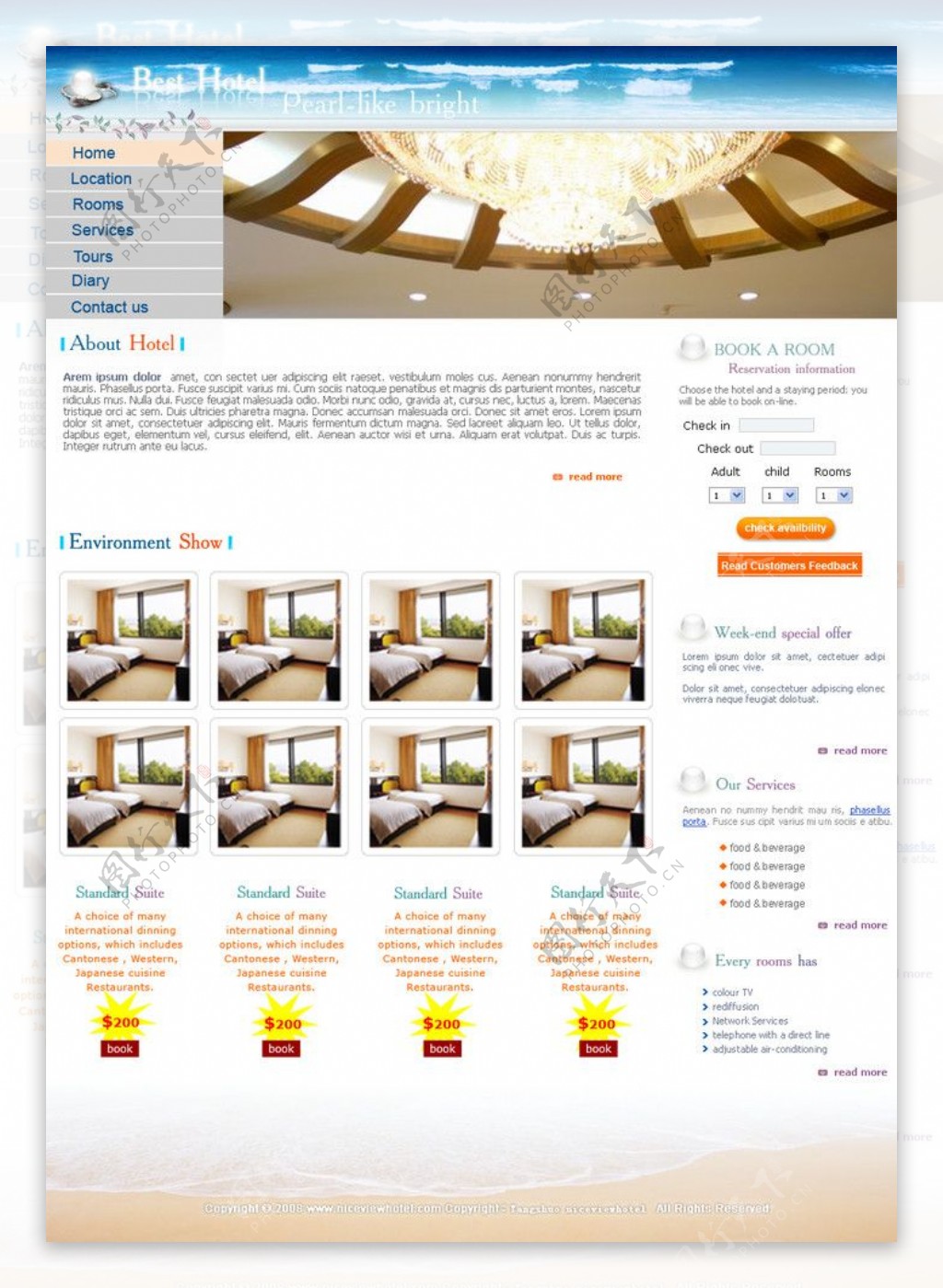 网页设计模板酒店模板蓝色海景酒店网页设计模板图片