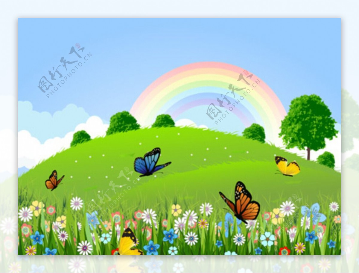 绿色景观蝴蝶和彩虹图片