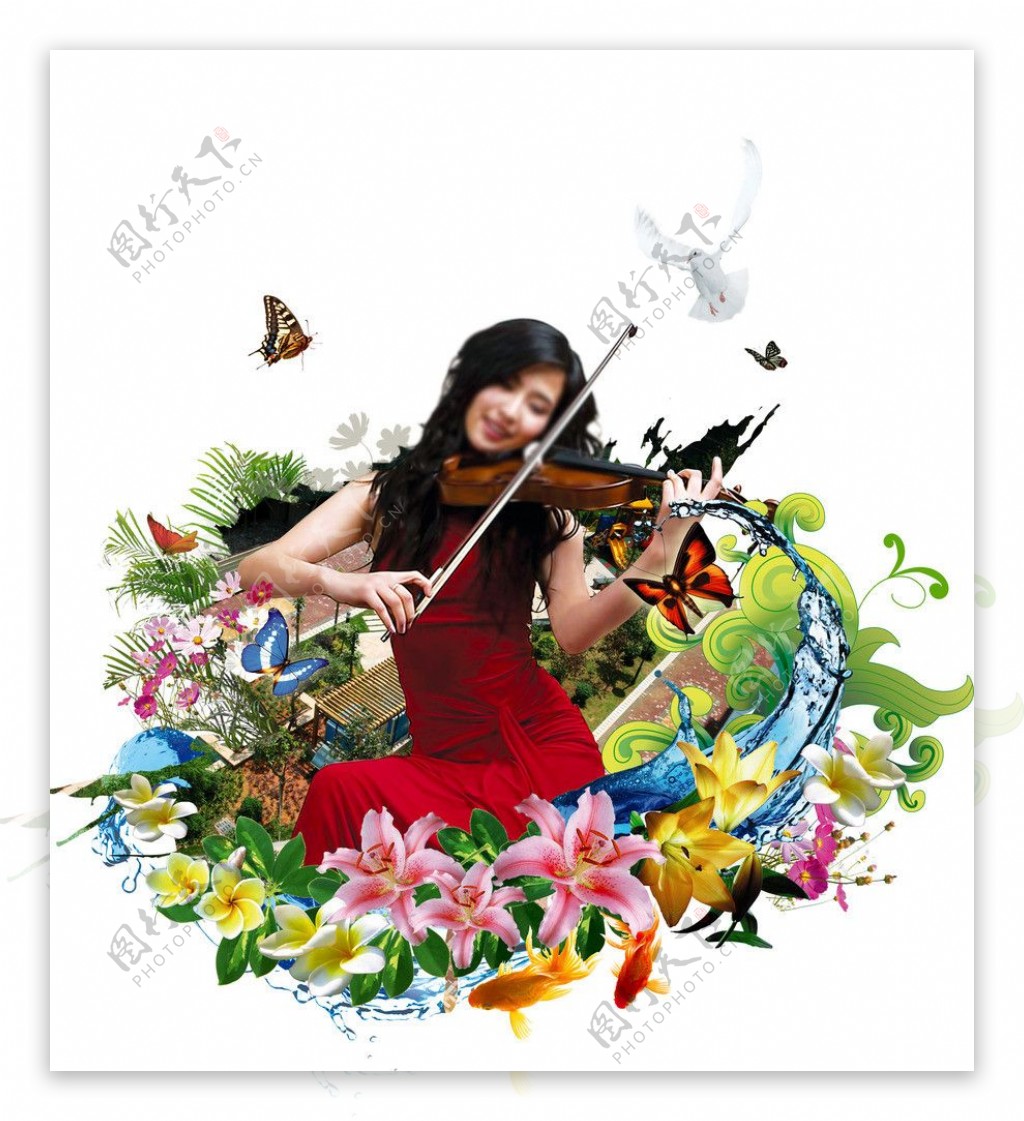 美女园林拉小提琴图片