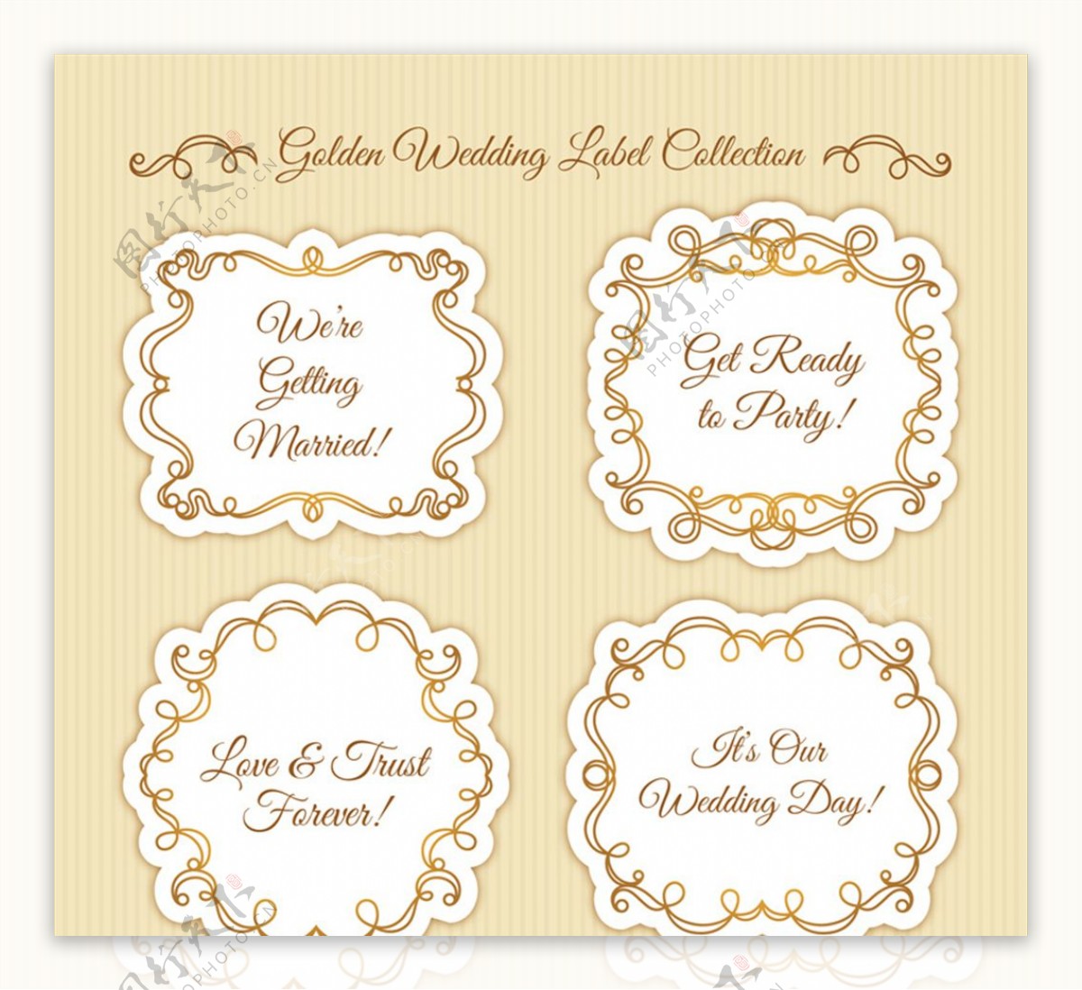 4款金色花边婚礼标签矢量素材