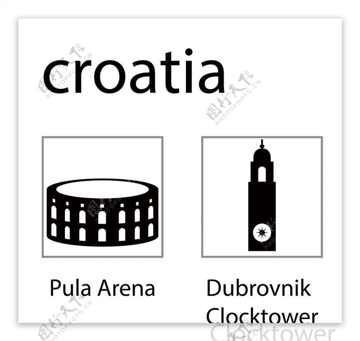 克罗地亚地标性建筑剪影矢量图标