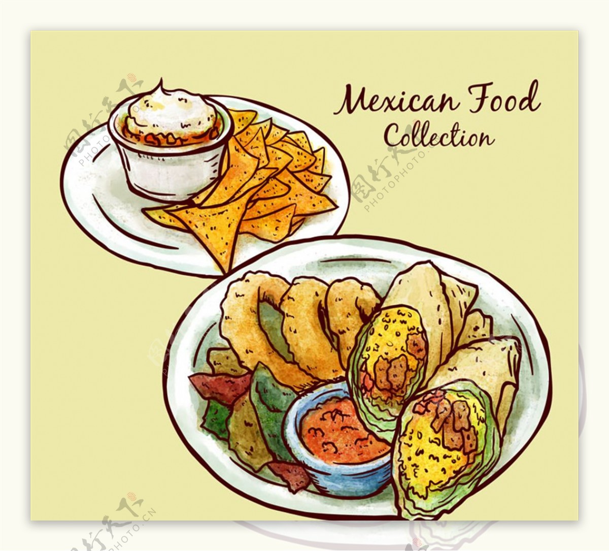 彩绘盘中墨西哥食物矢量素材