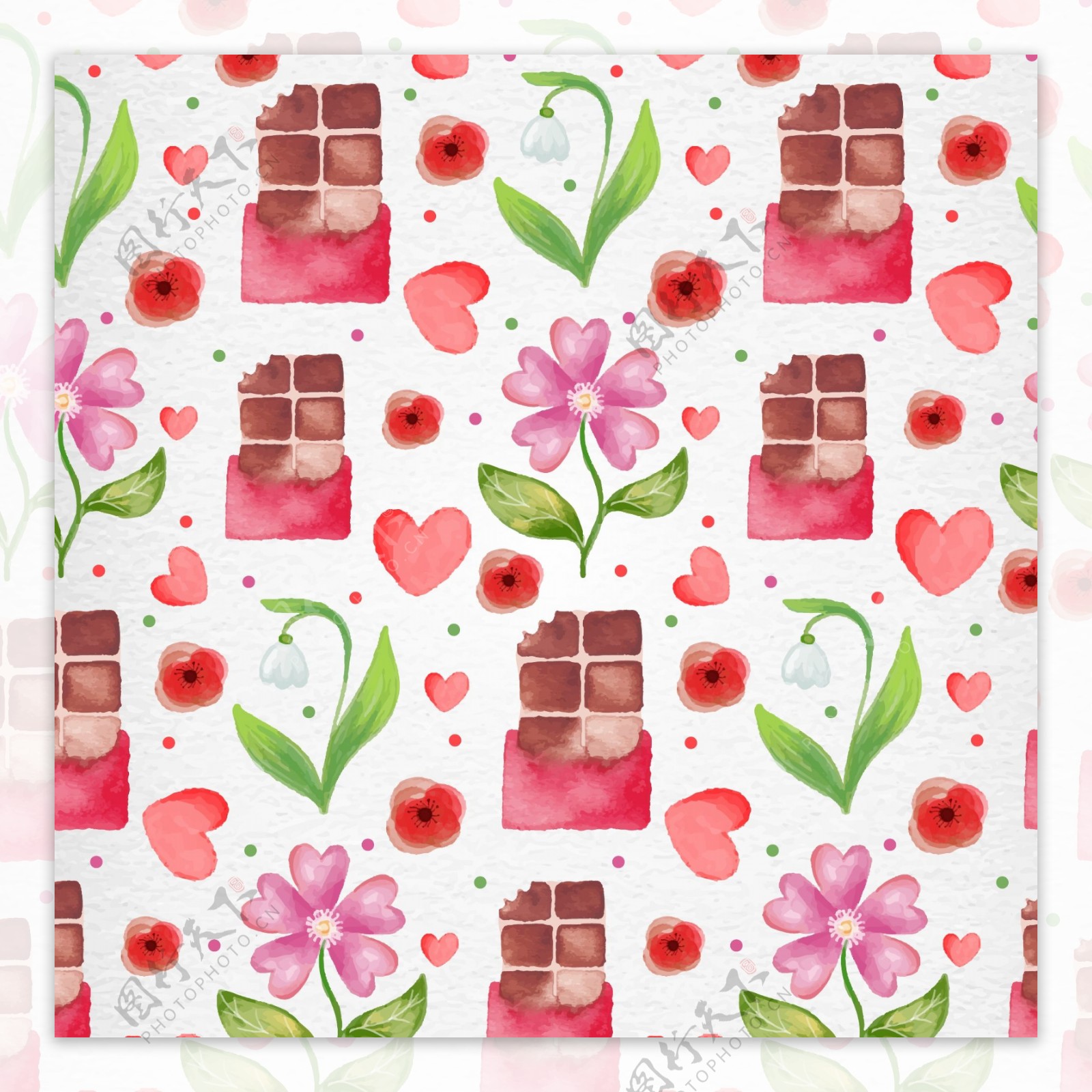 粉色花朵和巧克力无缝背景矢量图