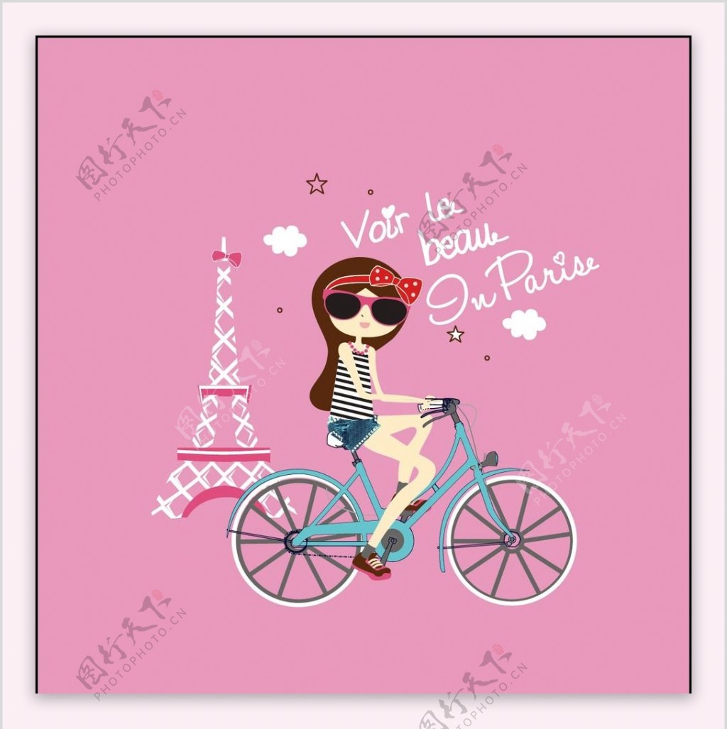 卡通时尚美女骑自行车素材