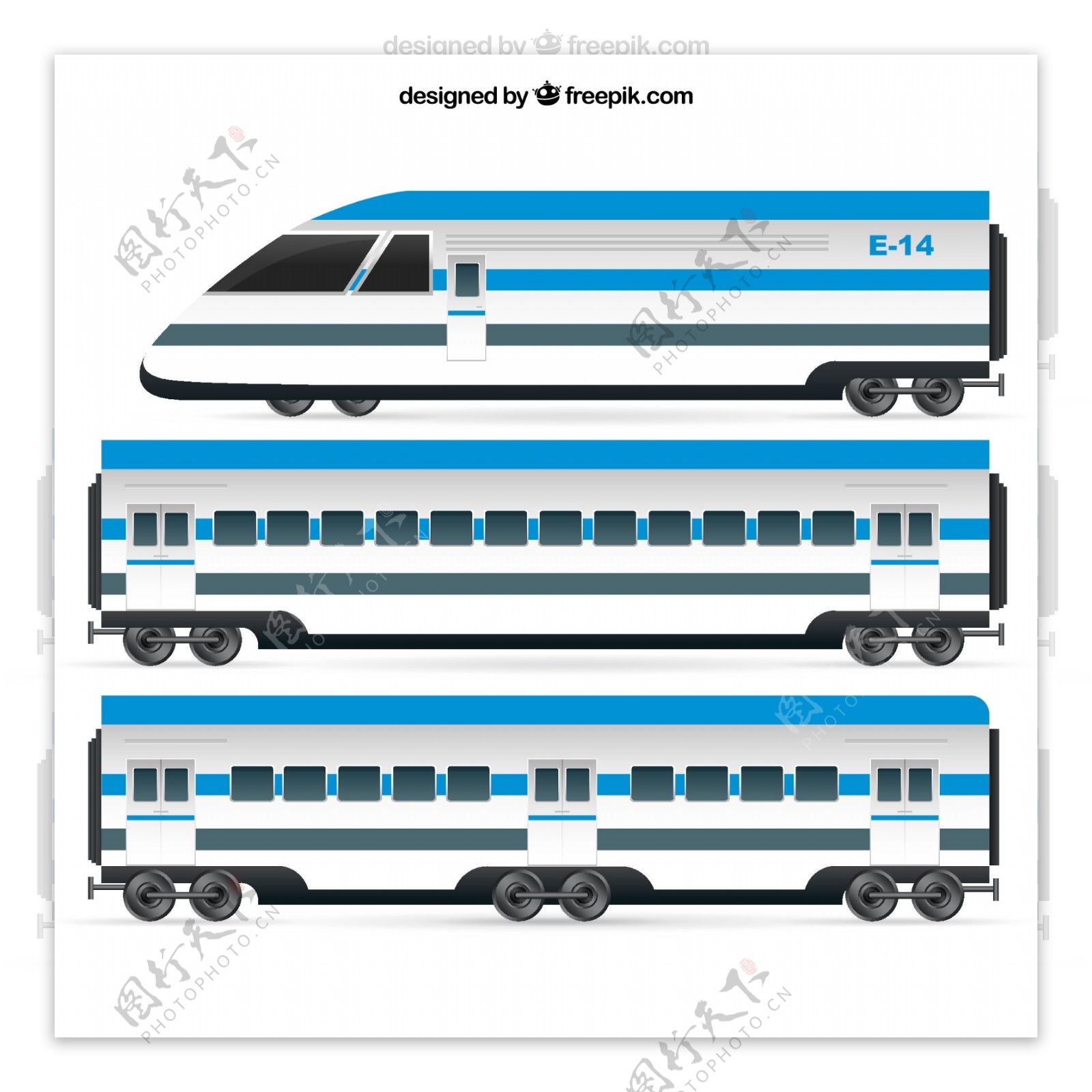 蓝色火车车头和车厢矢量素材