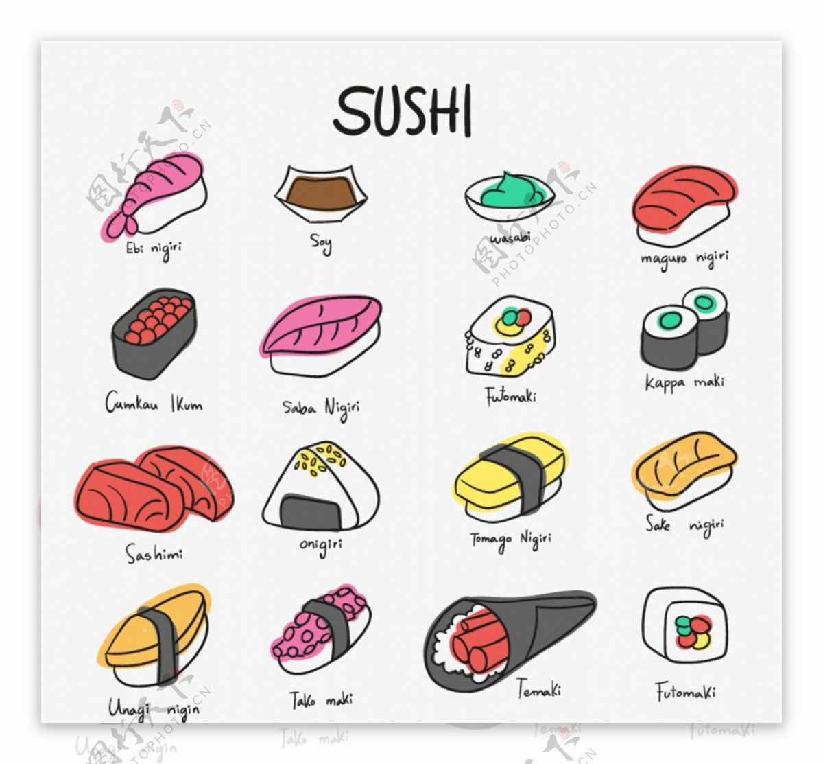 彩绘寿司图标矢量素材