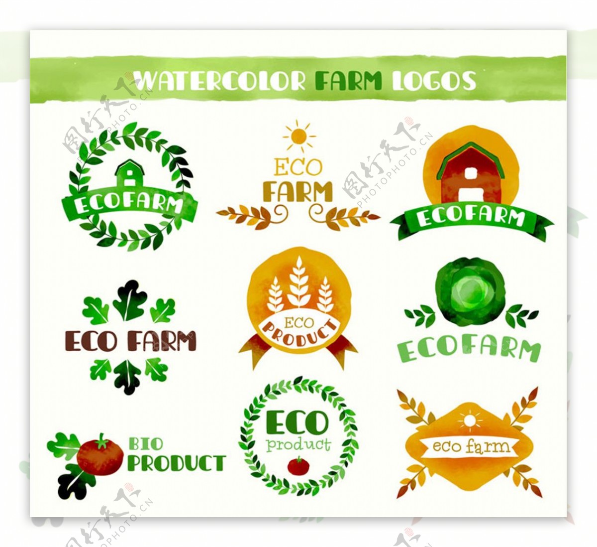 9款水彩绘生态农耕标志矢量素材