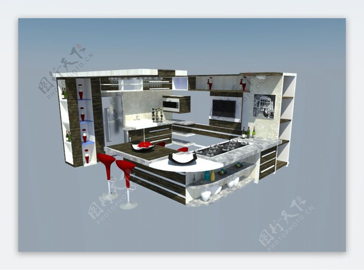 欧式厨房橱柜吧台SU模型