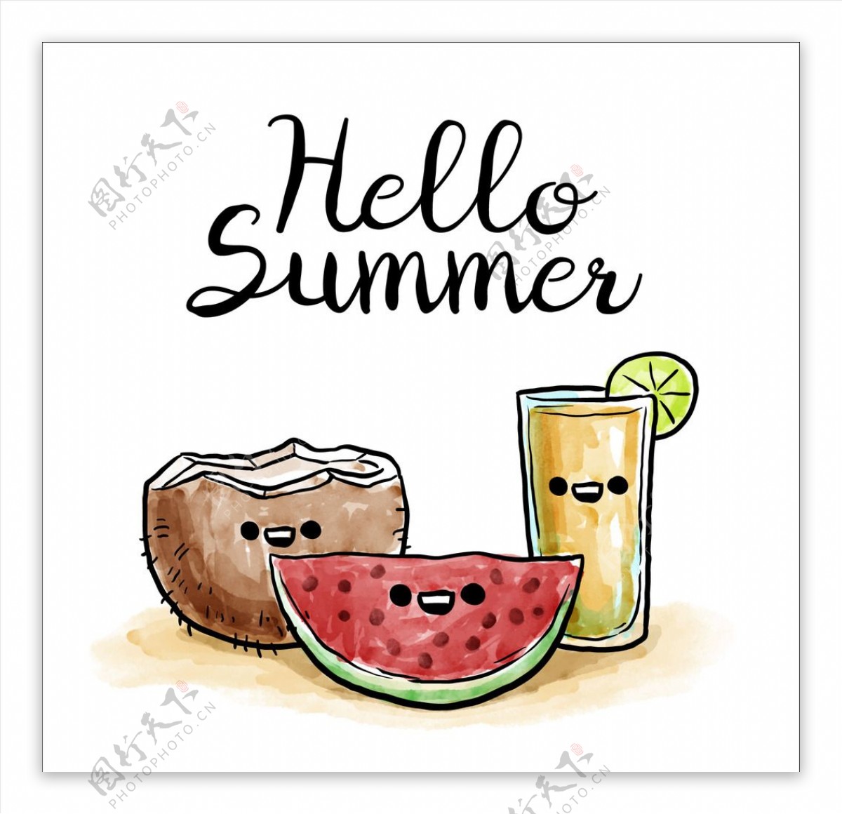 水彩夏季水果和饮料背景