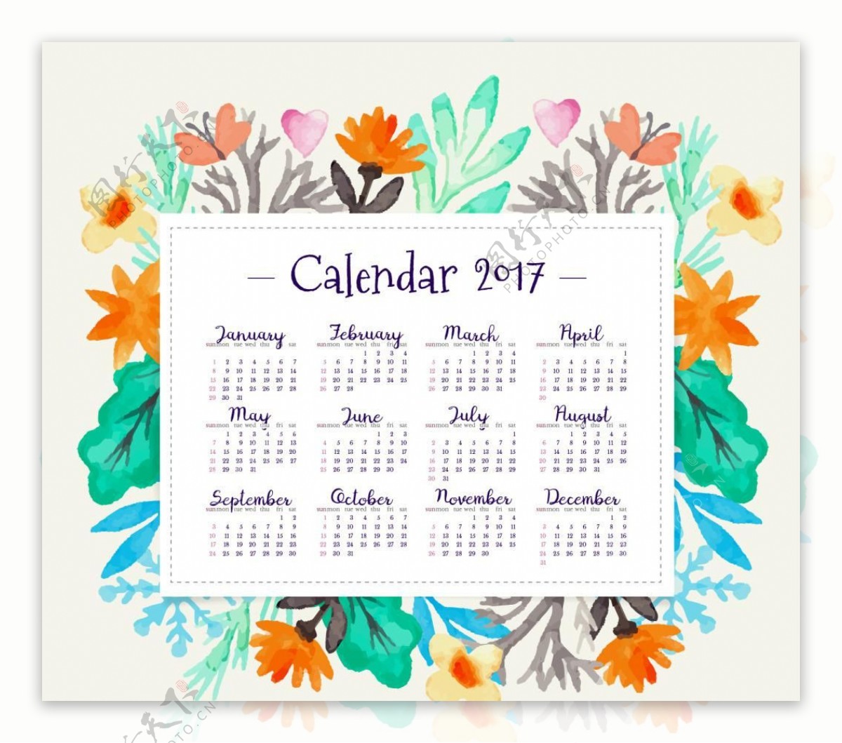2017年日历与水彩花卉模板源