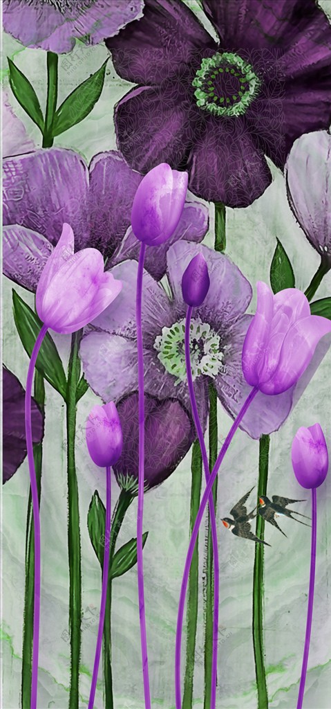 唯美紫色花卉大理石玄关过道壁画