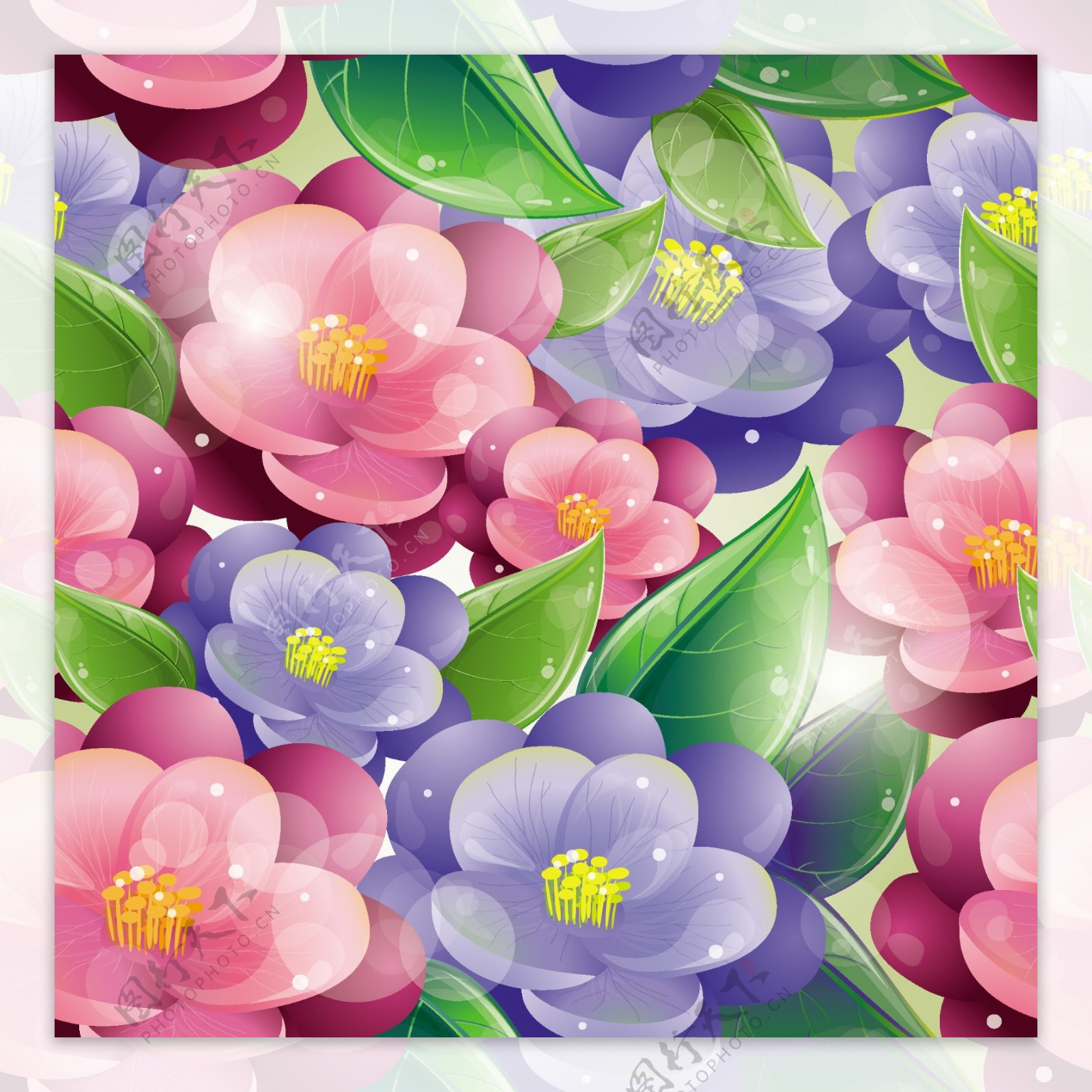 盛开的蓝色粉色花朵和绿叶插画