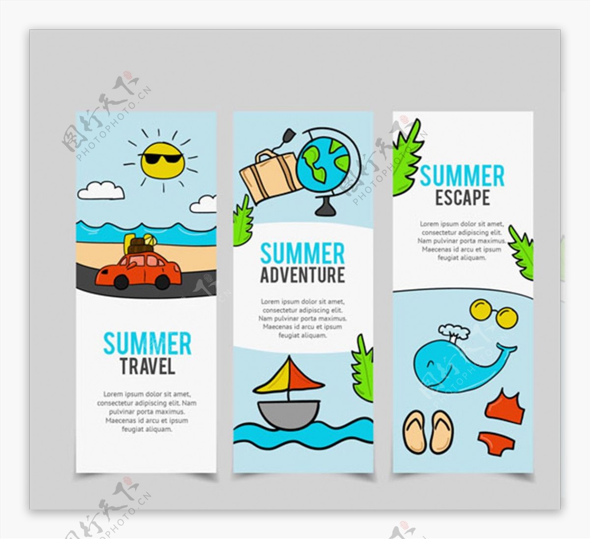 三款手绘夏季旅行海报