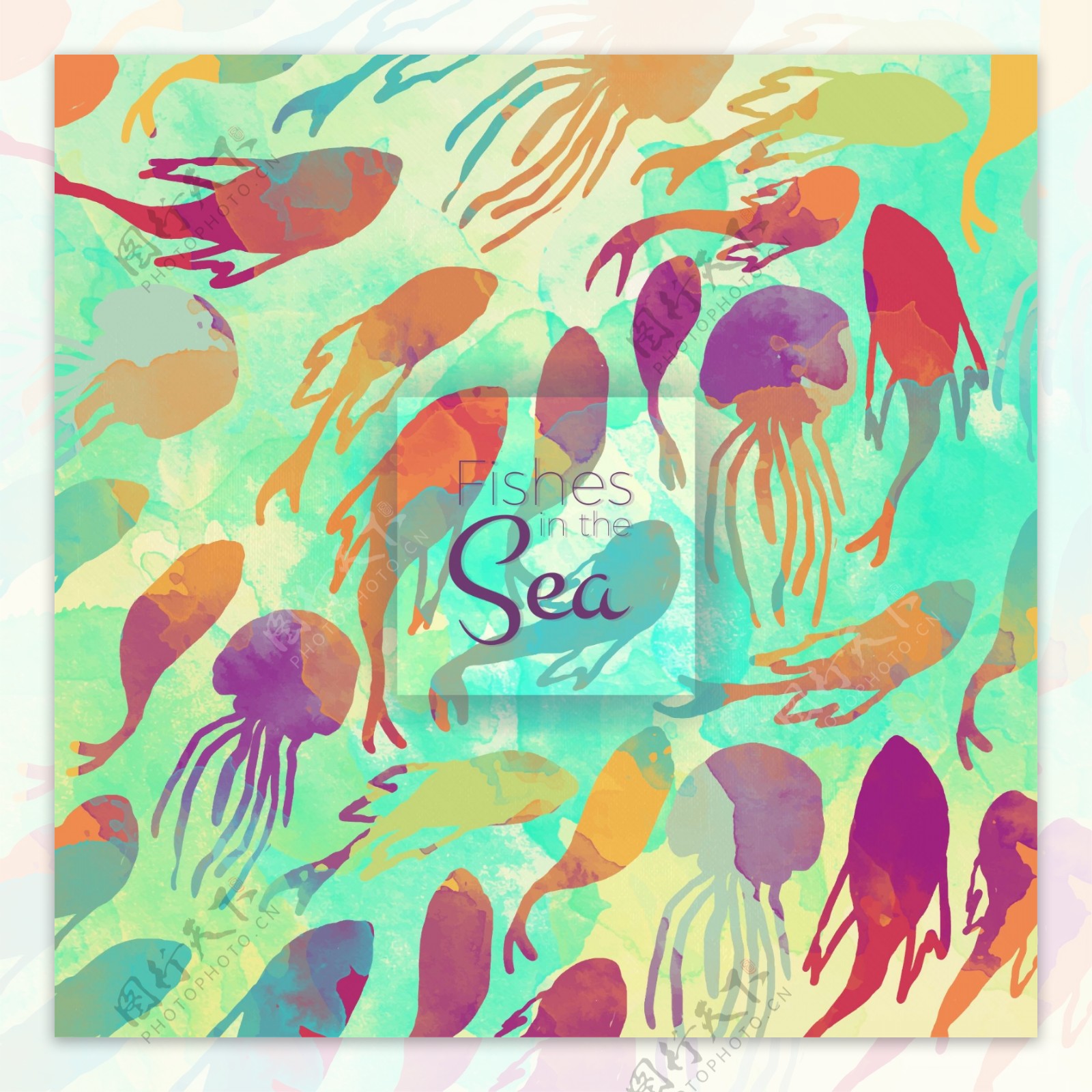 彩色水彩鱼和水母的背景