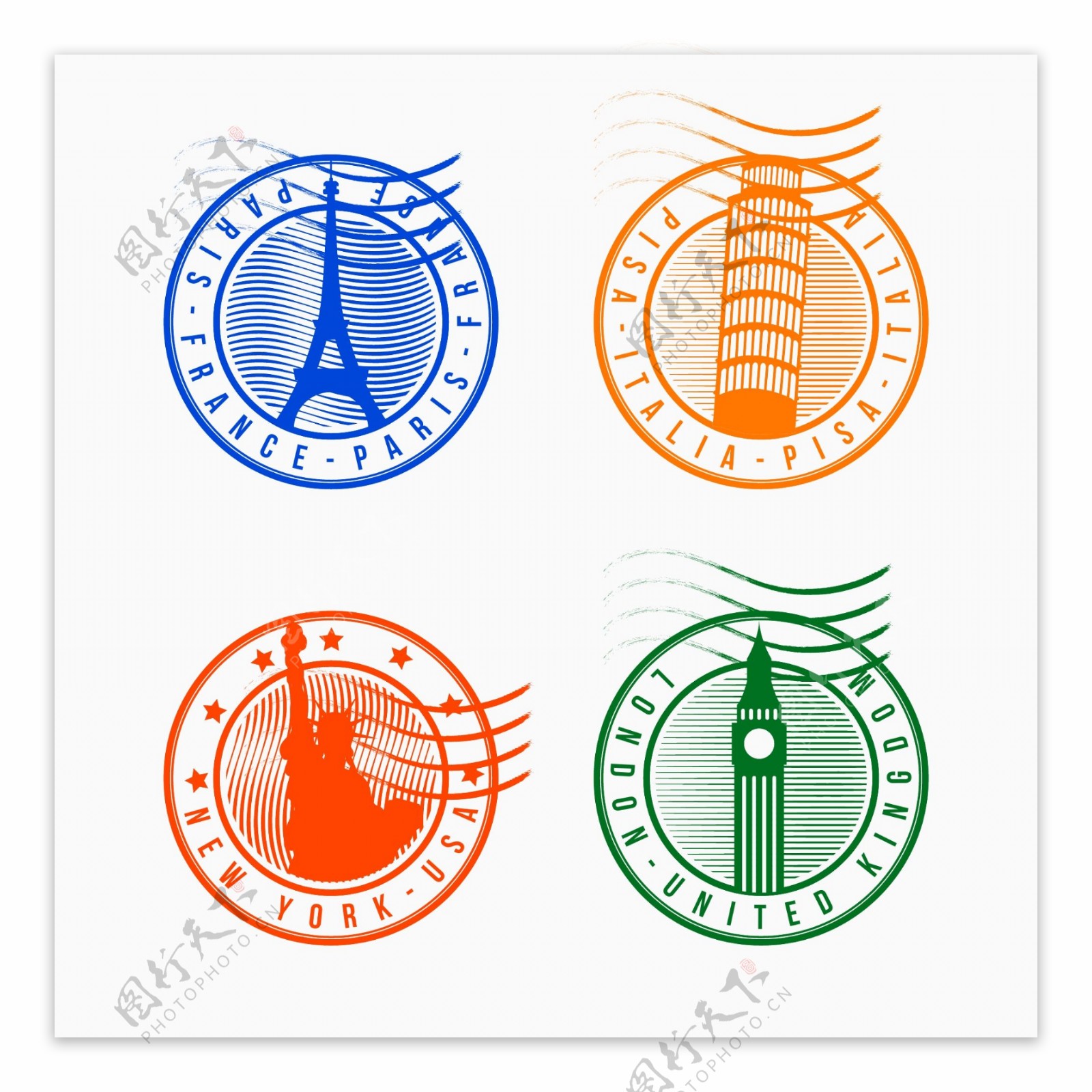 各种不同颜色的圆形城市邮戳