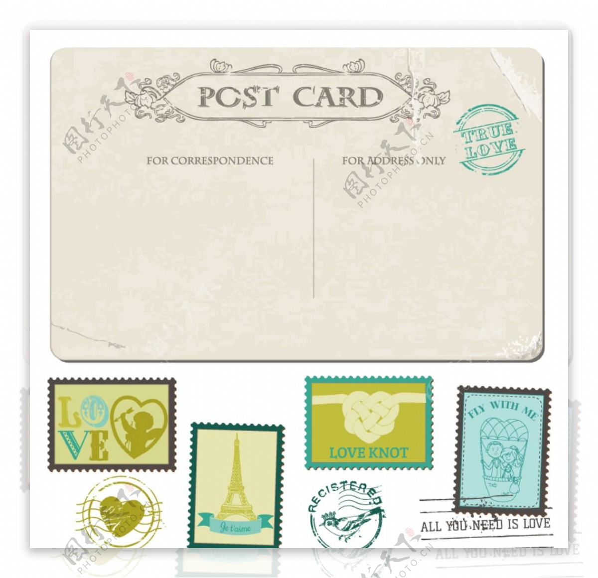 复古婚礼明信片与邮票矢量图