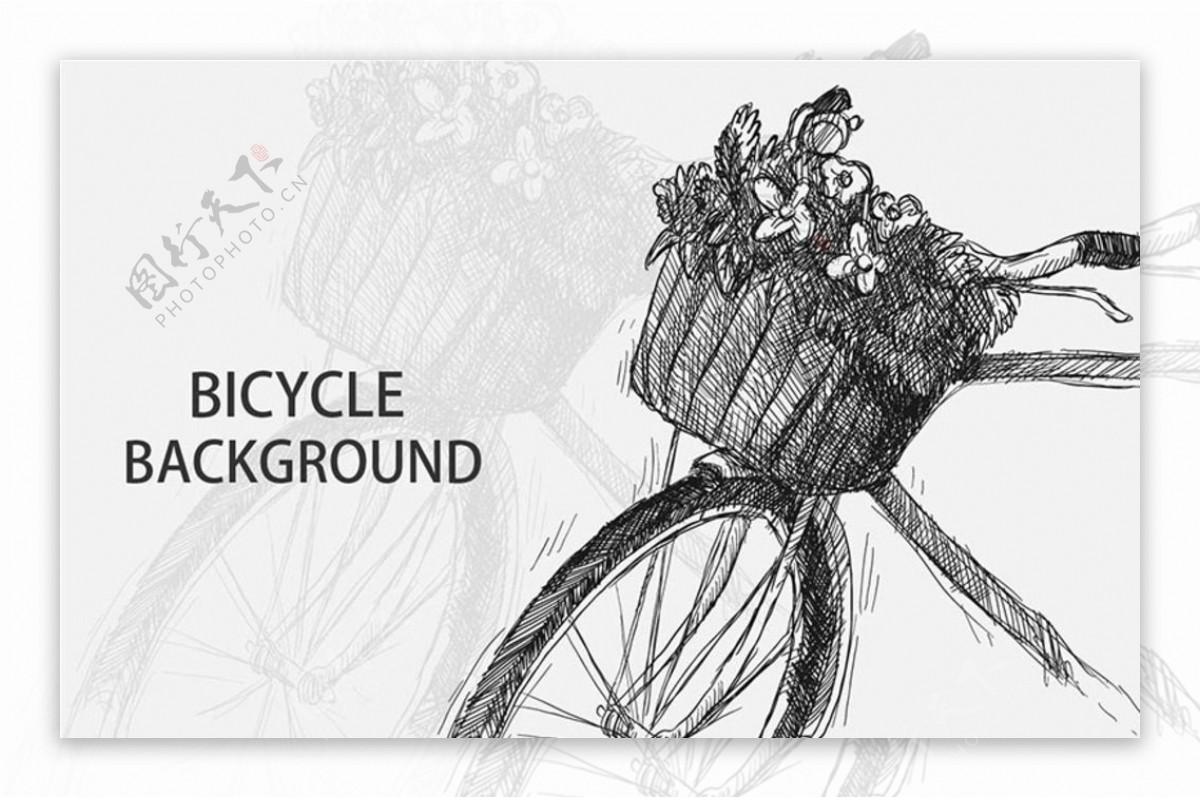 手绘素描老式有篮子的自行车