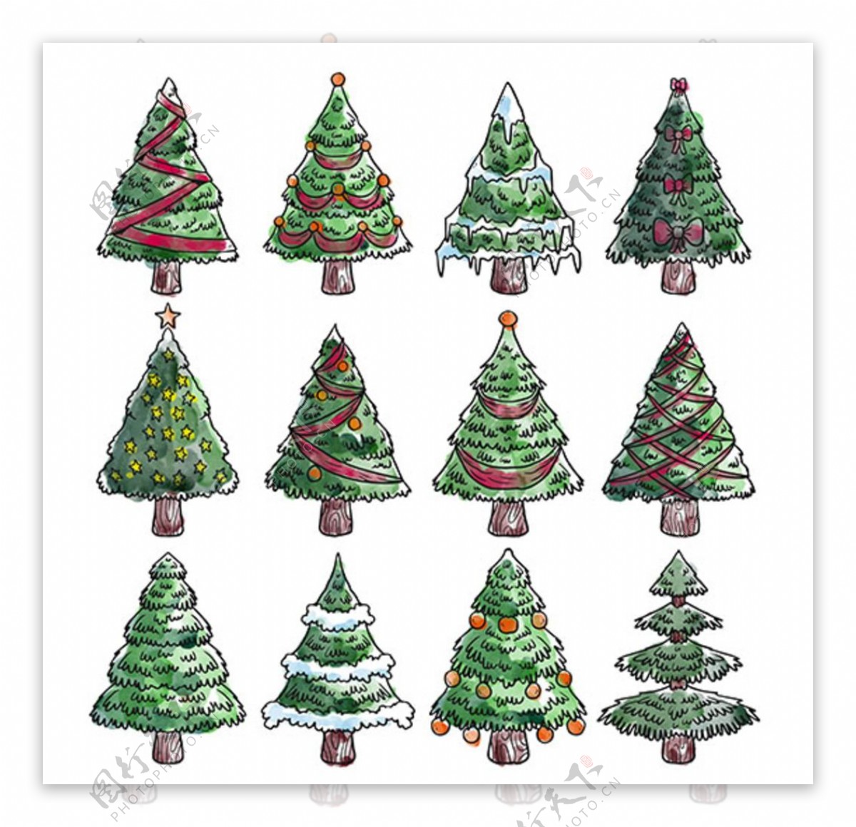 十二款手绘水彩圣诞树