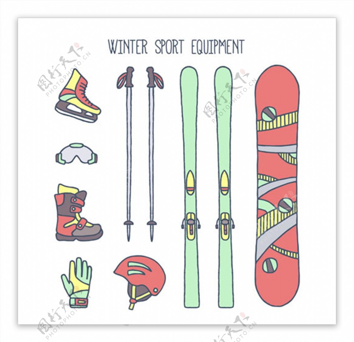卡通滑雪运动配件元素