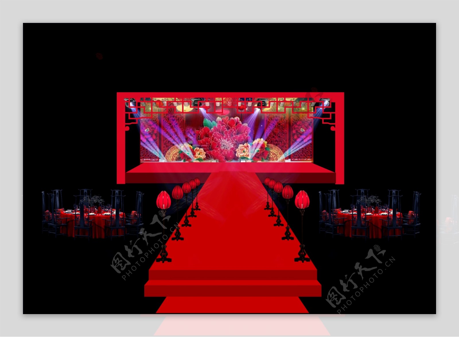 中式红色婚礼舞台效果图