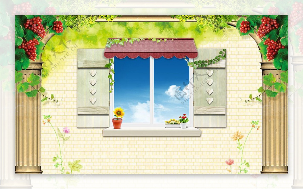 欧式窗户蔷薇风景3D背景墙