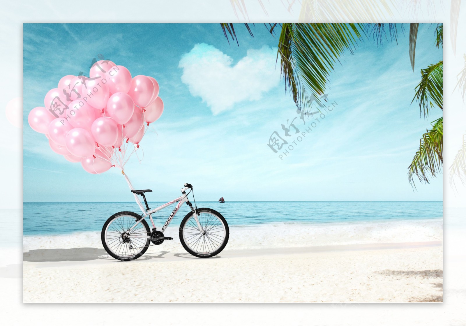 海边带着气球的自行车
