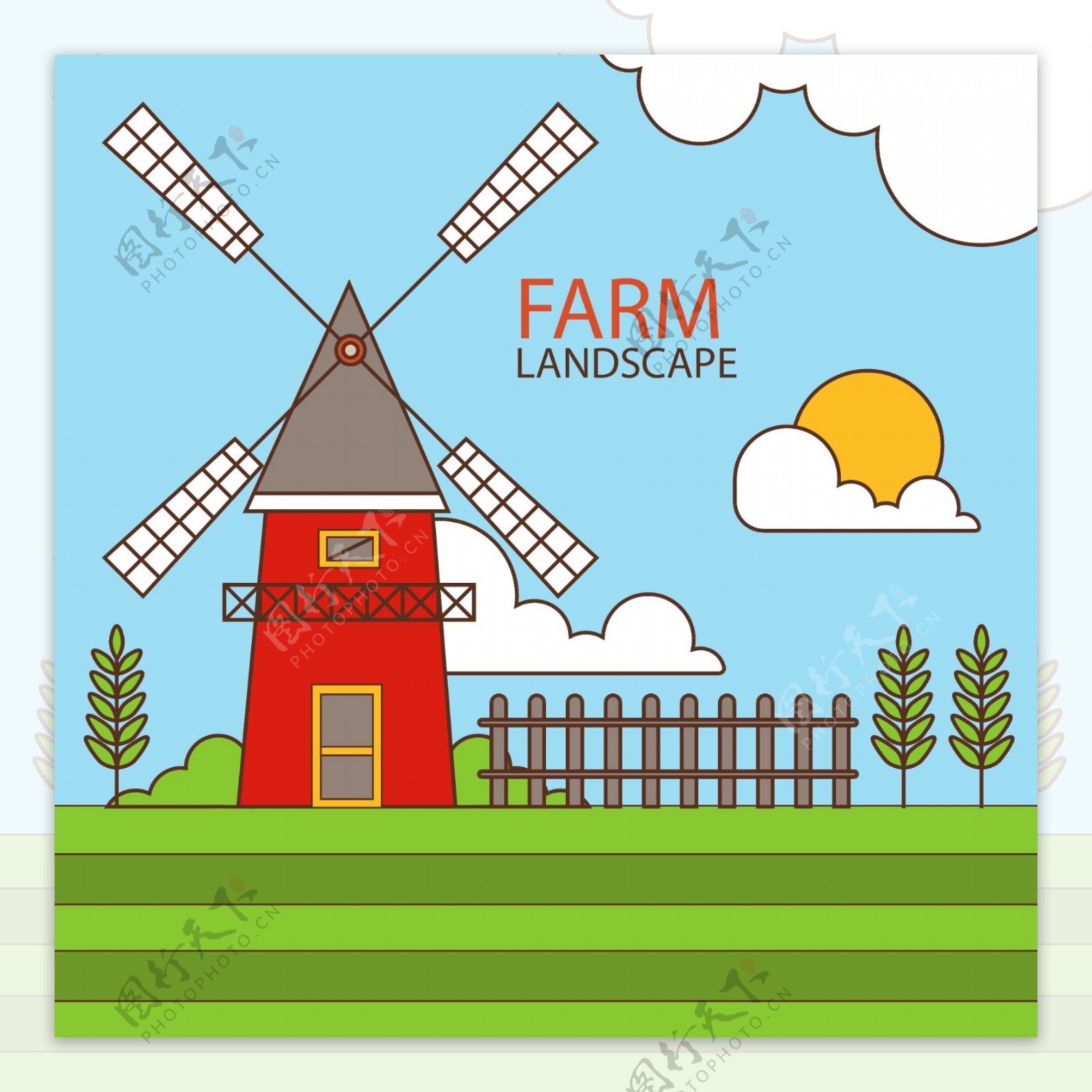 农场磨房风车风景矢量素材