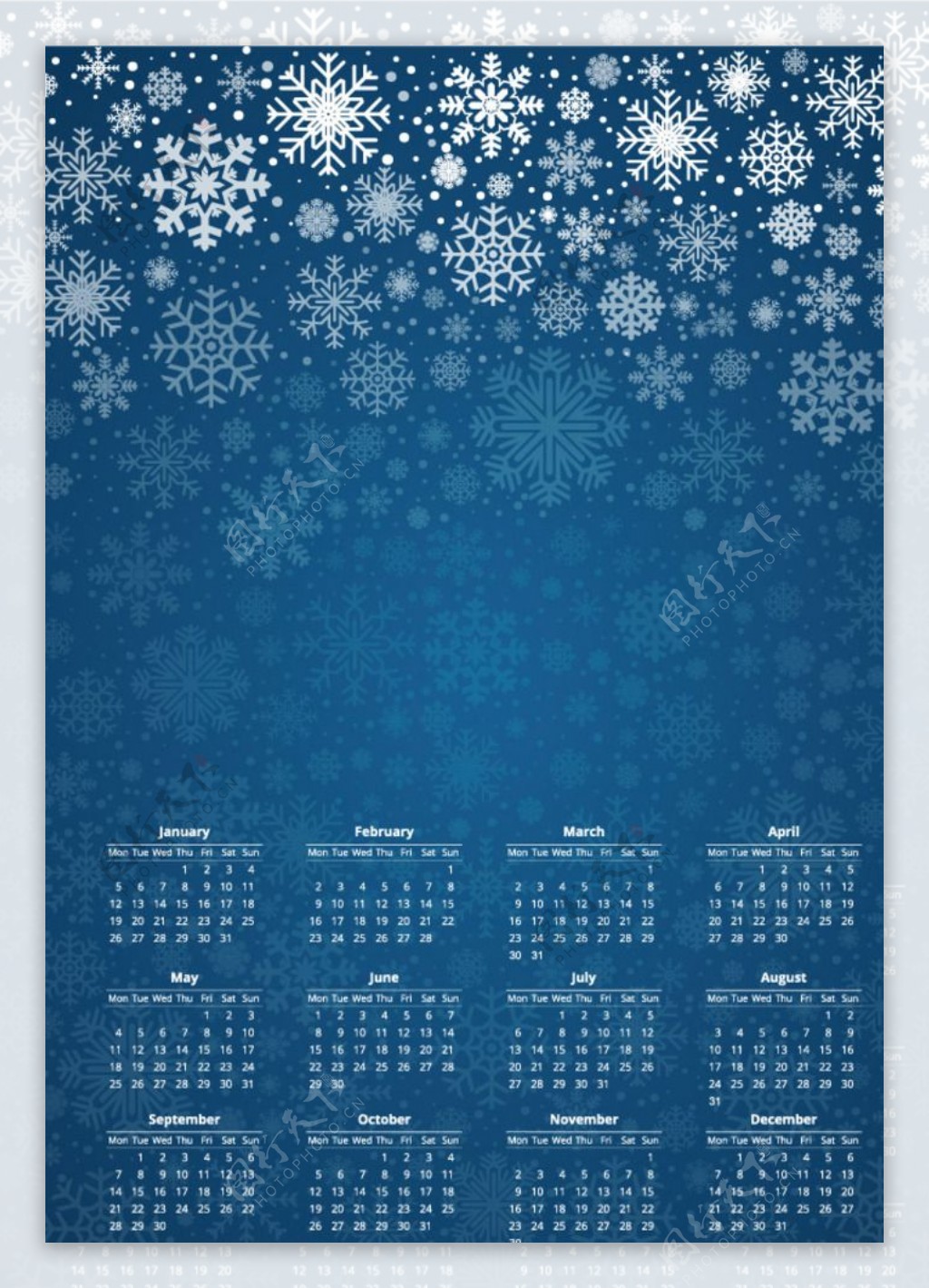 蓝色雪花背景2015年日历