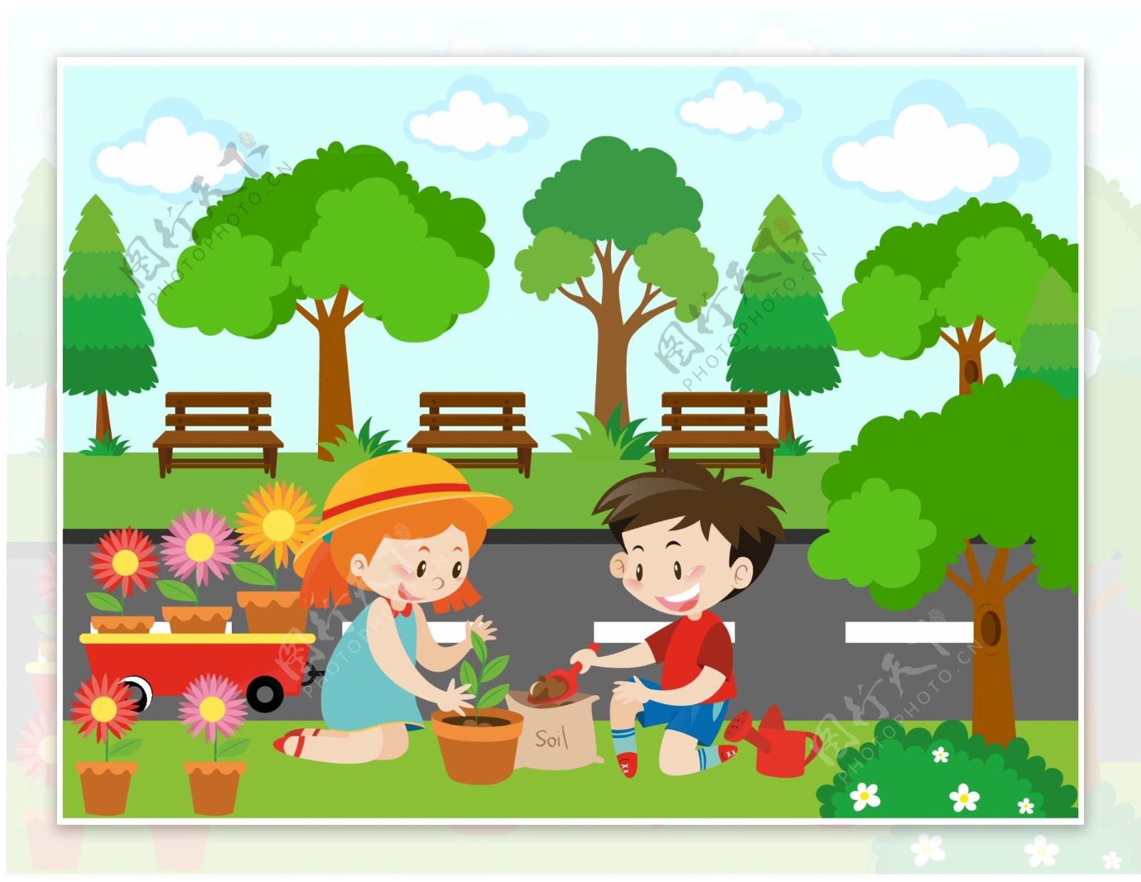 卡通儿童节在公园种花的孩子
