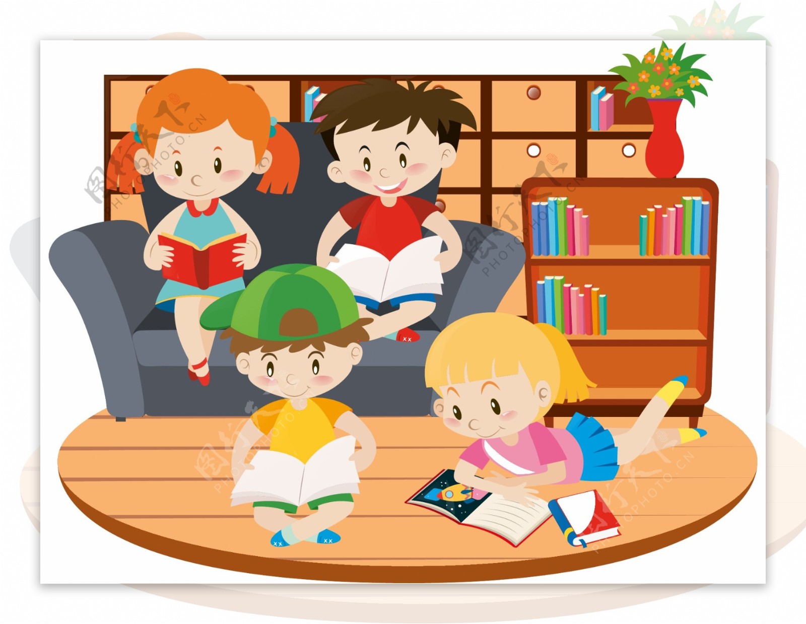 卡通儿童节在家看书的孩子