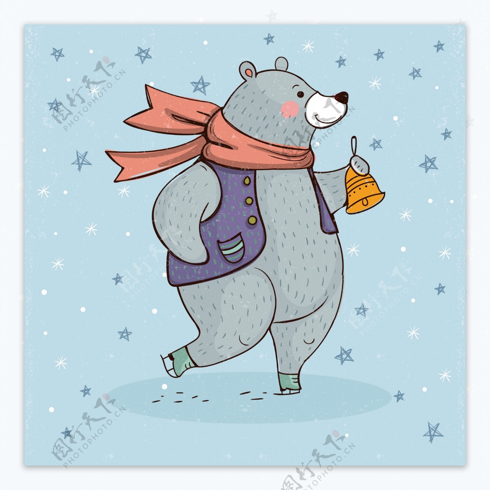 手绘快乐圣诞节滑冰的狗熊