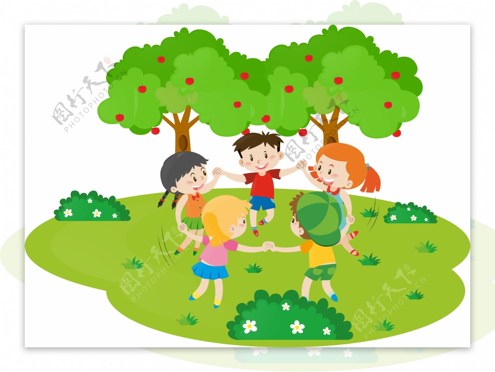 卡通儿童节在草坪玩耍的孩子