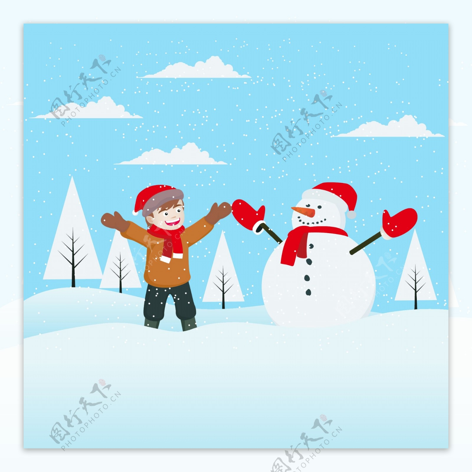 快乐圣诞节和雪人一起的孩子