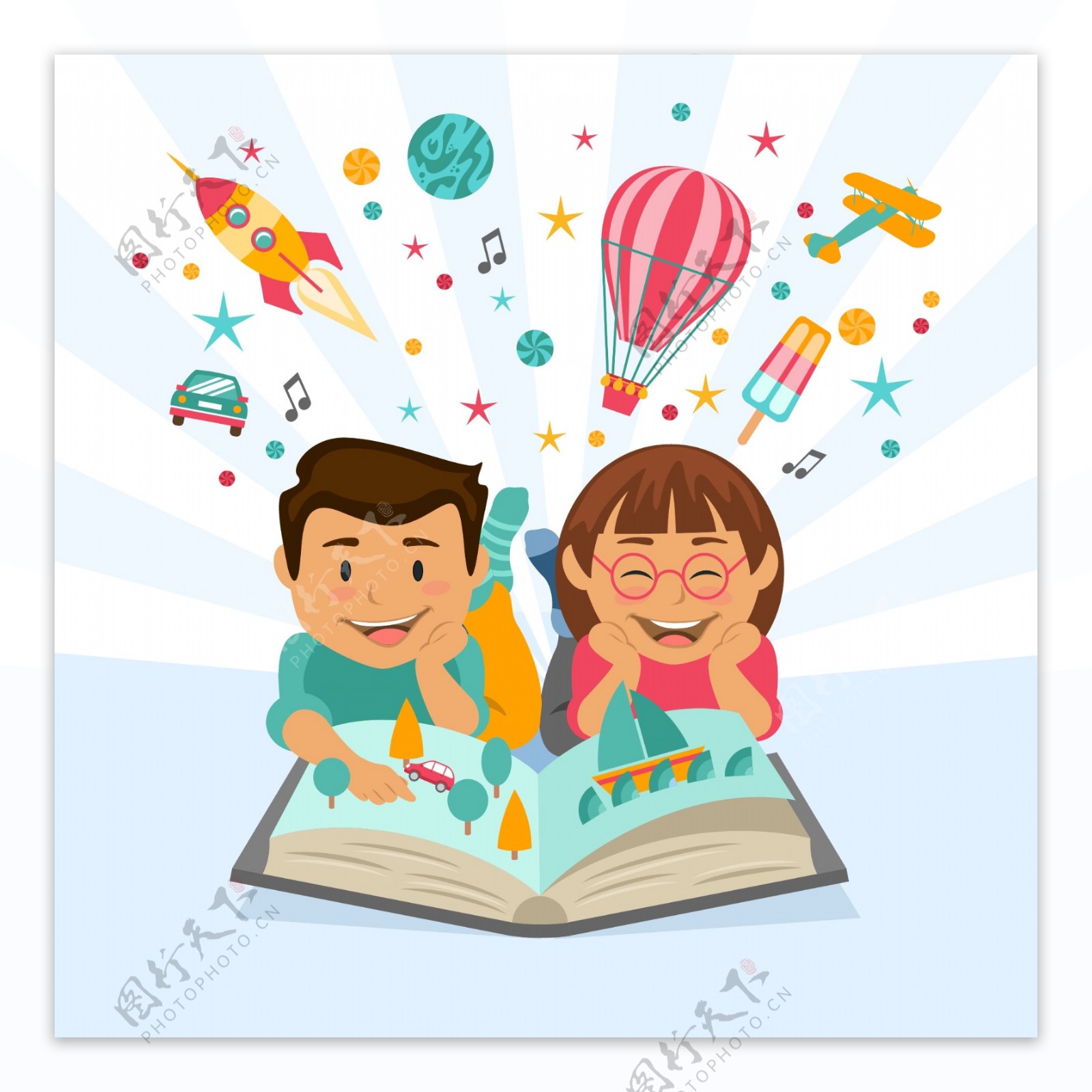 卡通儿童节快乐看书的孩子