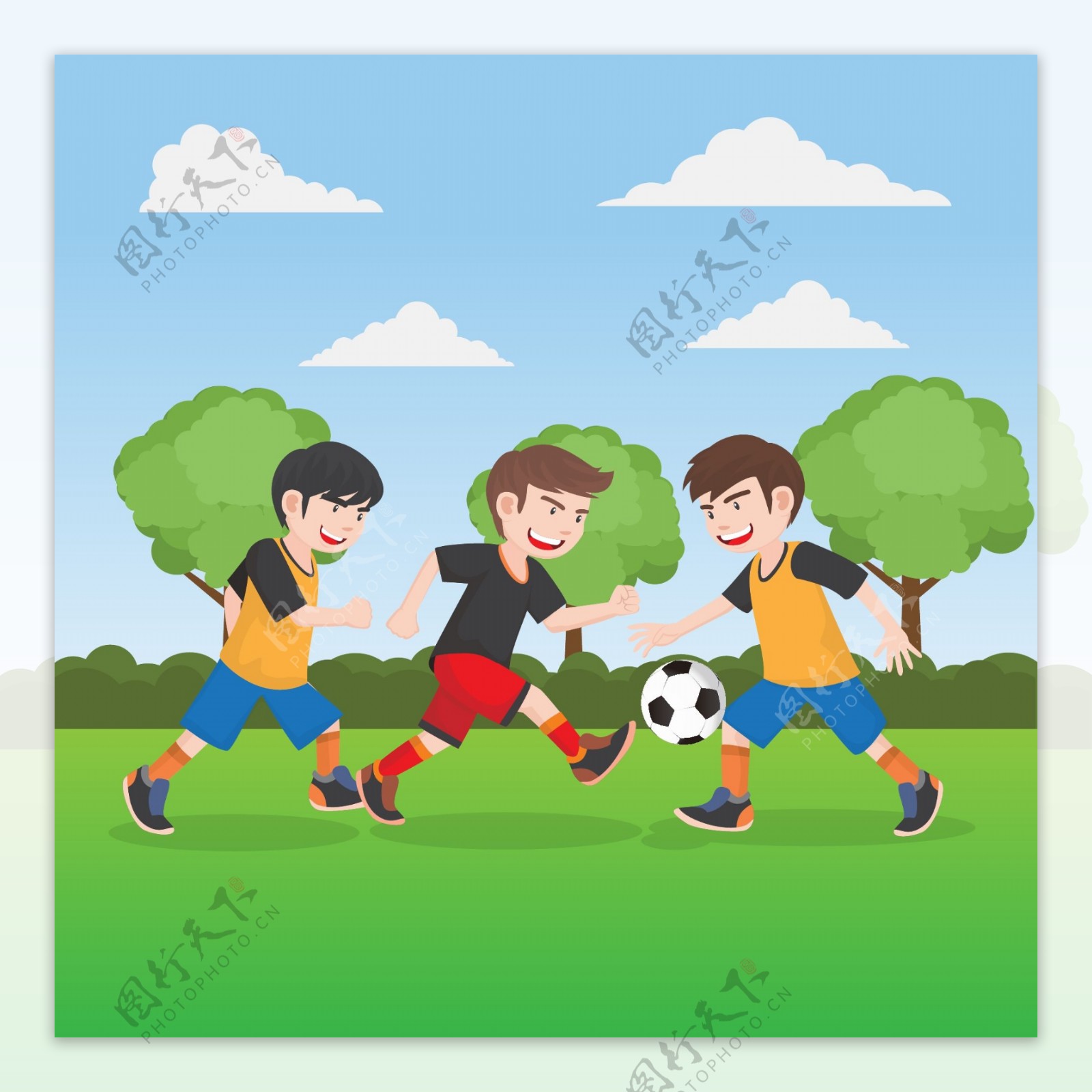 卡通儿童节快乐踢足球的孩子