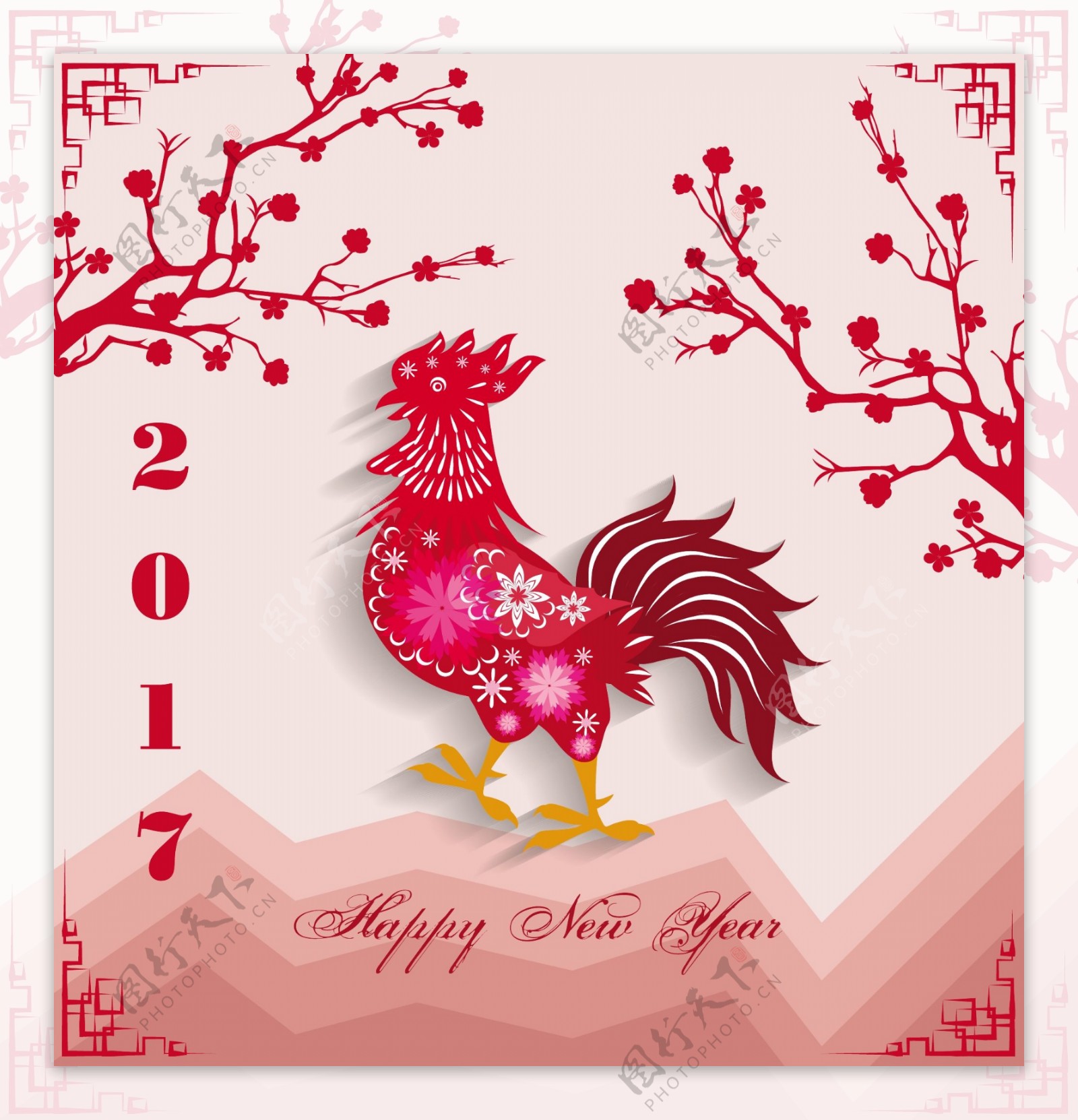 梅花公鸡中国传统春节剪纸矢量素材
