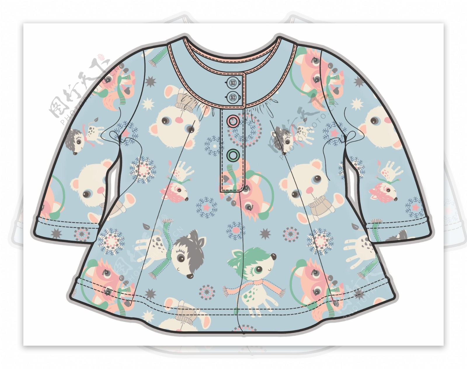 蓝色日式女宝宝服装设计彩色稿件矢量素材