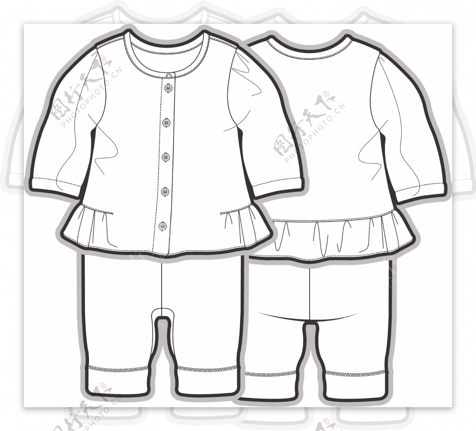 长袖套装小宝宝黑白服装线稿矢量设计素材