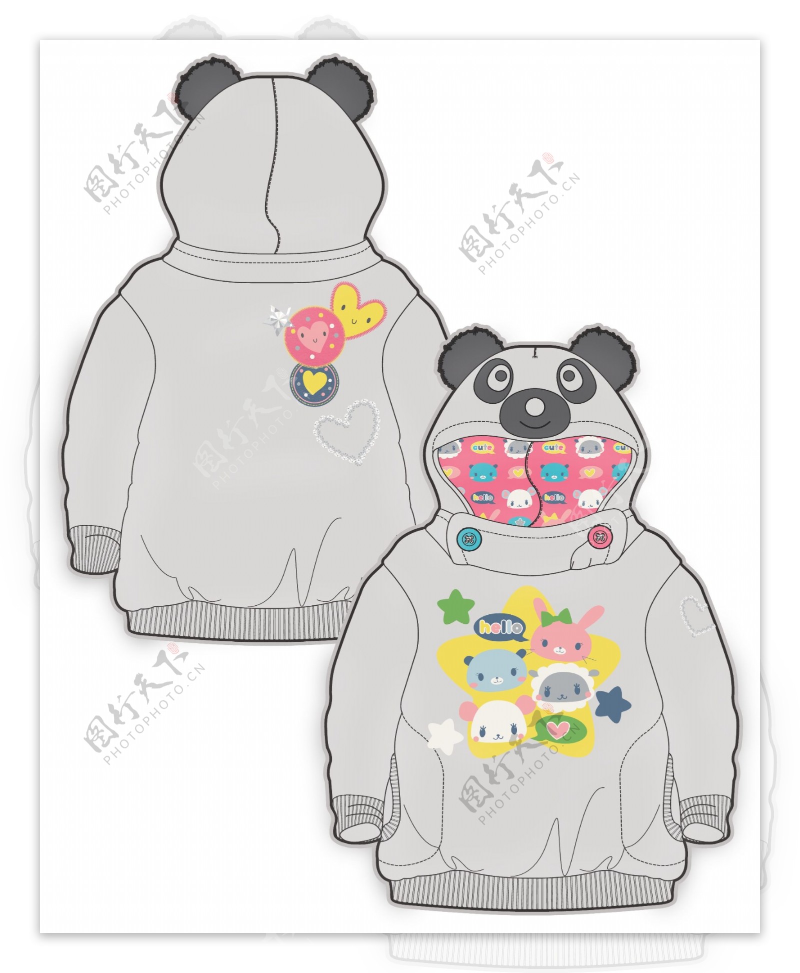 灰色熊猫卫衣女宝宝服装设计彩色原稿矢量