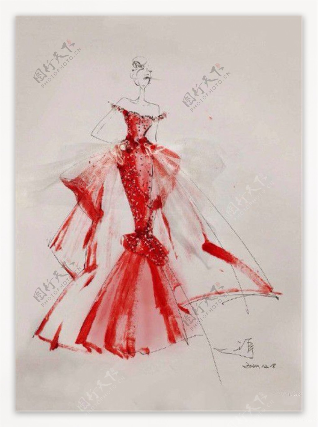 红色低胸礼服设计图