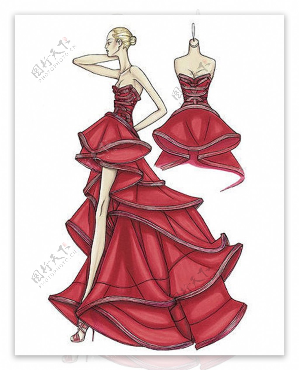 红色抹胸长裙礼服设计图