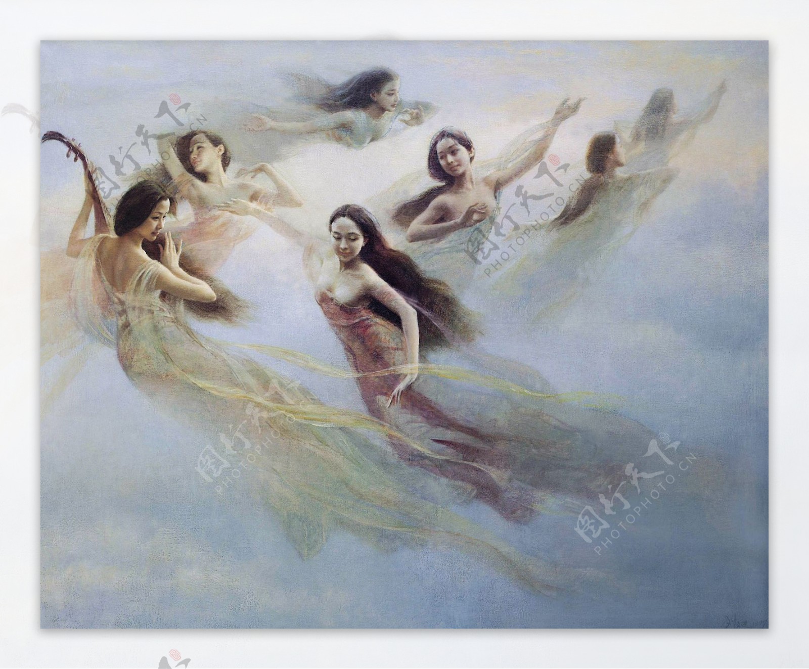 在云端飞翔的八仙女油画图片