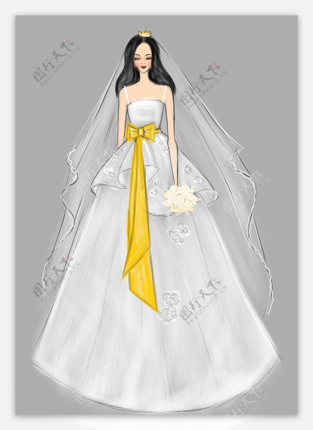 黄色蝴蝶结婚纱礼服设计图