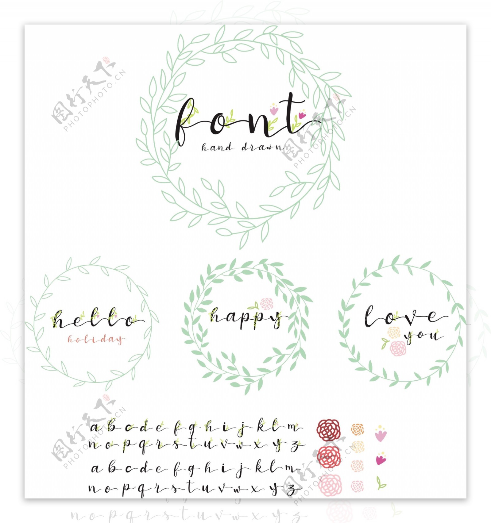 各种叶子装饰图案花边和字母设计集合